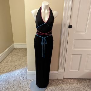 Vintage Dusk 90s black halter evening dress with pink and blue trim size S